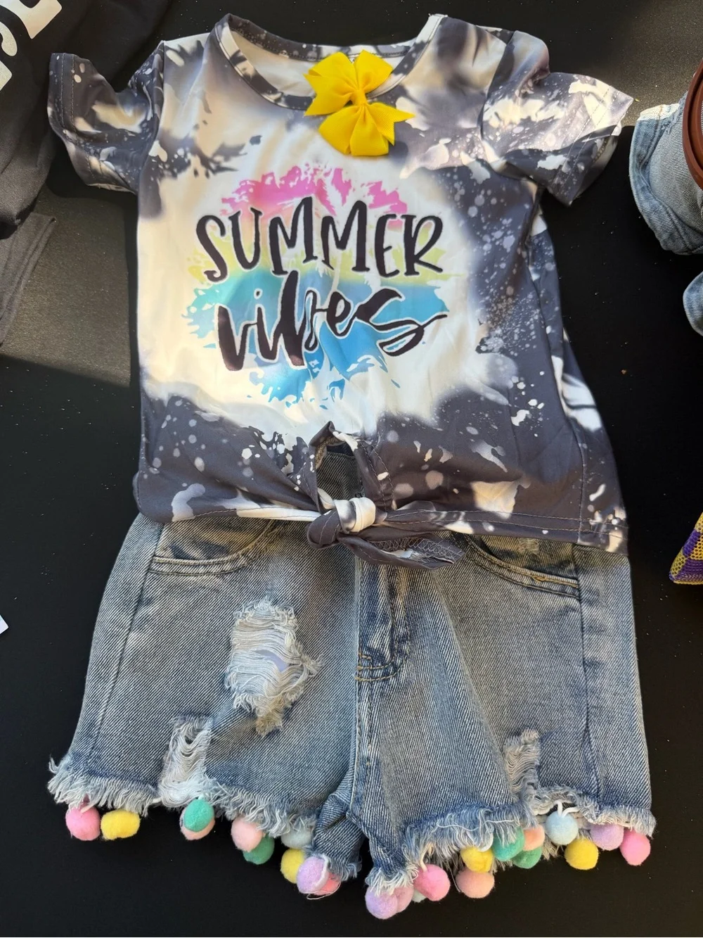 Summer Vibes Tie-Dye Tee with Pom Denim Shorts